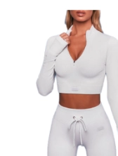 Ladies White Long Sleeve Crop with Zipper